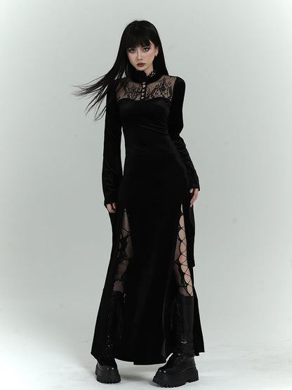 Gothic Black Velvet Contrast Lace Patches Bell Sleeves Side Slit Dress