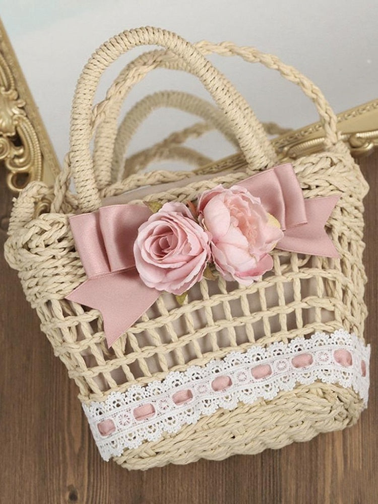 4 options de sacs à main fleuris en paille, nœud, Lolita, champêtre