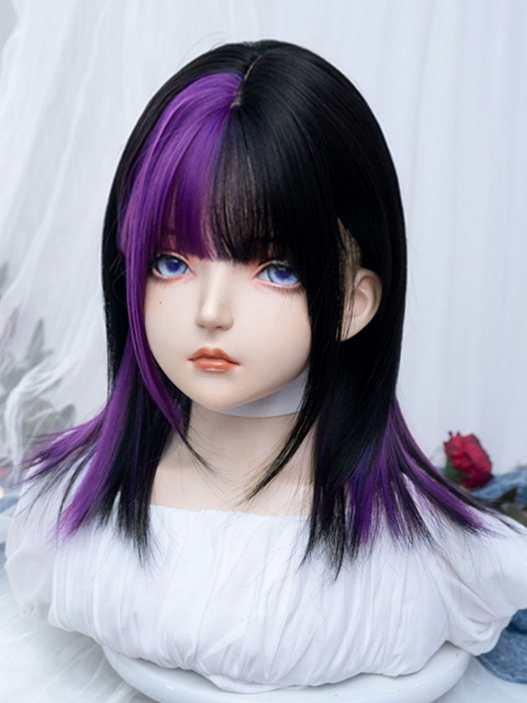 Black And Purple Highlights 47CM Above Bust Length Straight Wig With Bangs