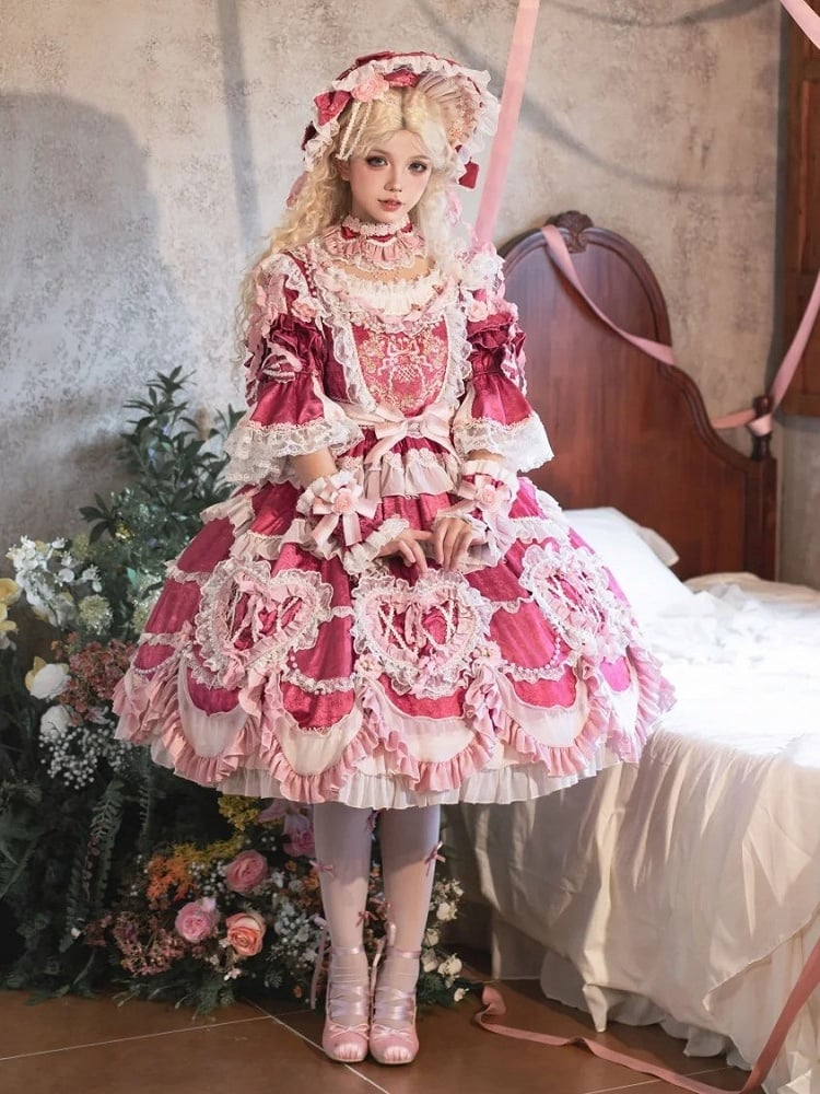 Hanayome Details Bead Embroidery Chain and Rosette Dress Rose Floral Lolita Pink
