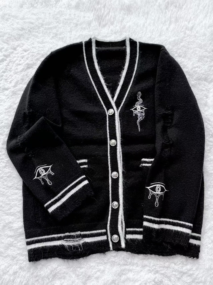 Augen- und Schlangenstickerei-Strickjacke Guro Distressed Holes Kawaii Schwarz mit