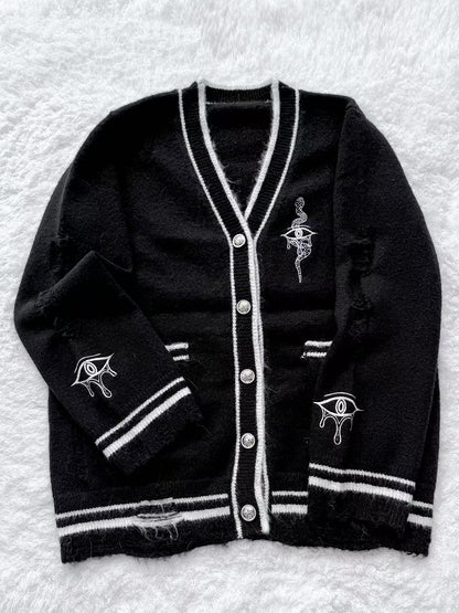 Augen- und Schlangenstickerei-Strickjacke Guro Distressed Holes Kawaii Schwarz mit