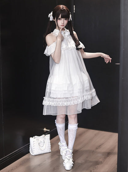 White Landmine Style Cutout Shoulder Dress with Sheer Overlay, Lace and Bow Tie - Ekomi