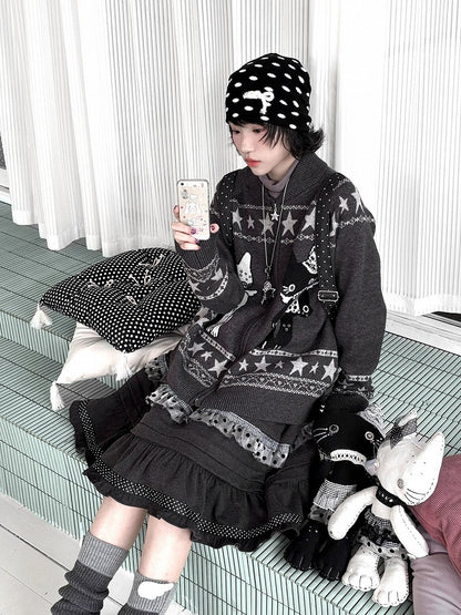 Two-way Cardigan Zip Kawaii Placket Grey with Daily