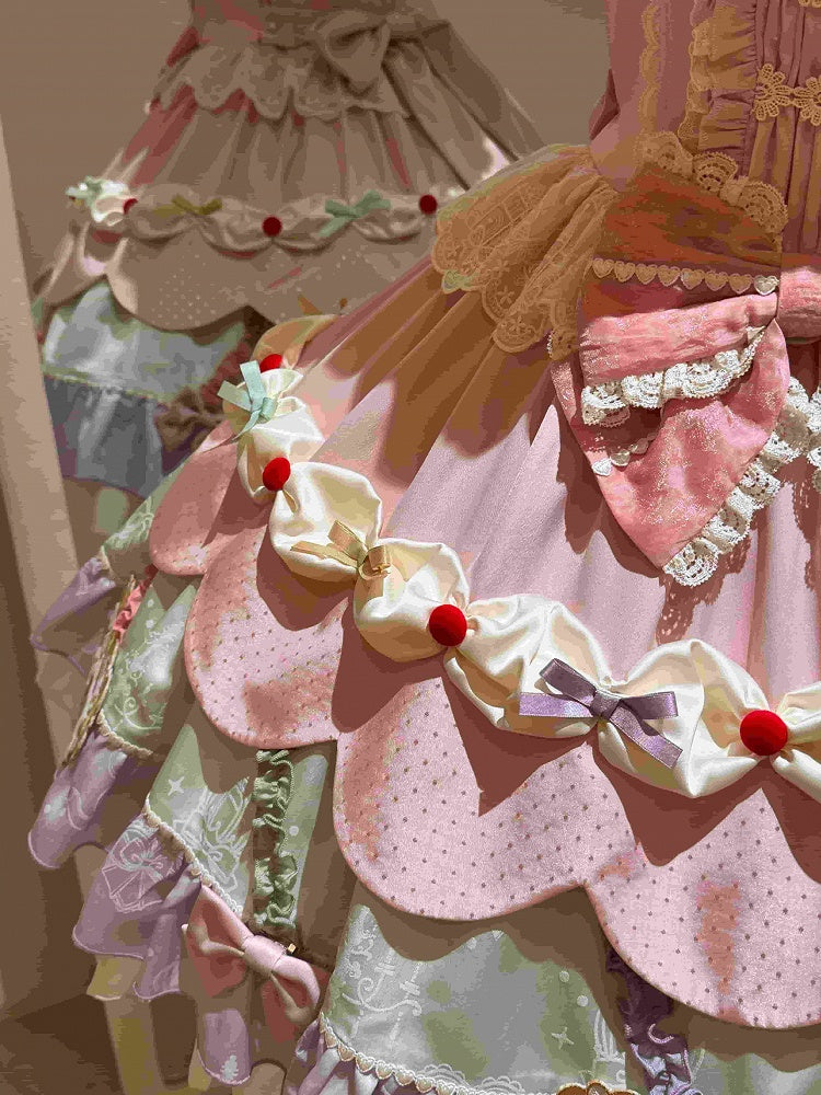 Cute Round Neck Bow Ruffle Dress with 3D Horse Embroidery in Pink & Purple - Sweet Dream Box