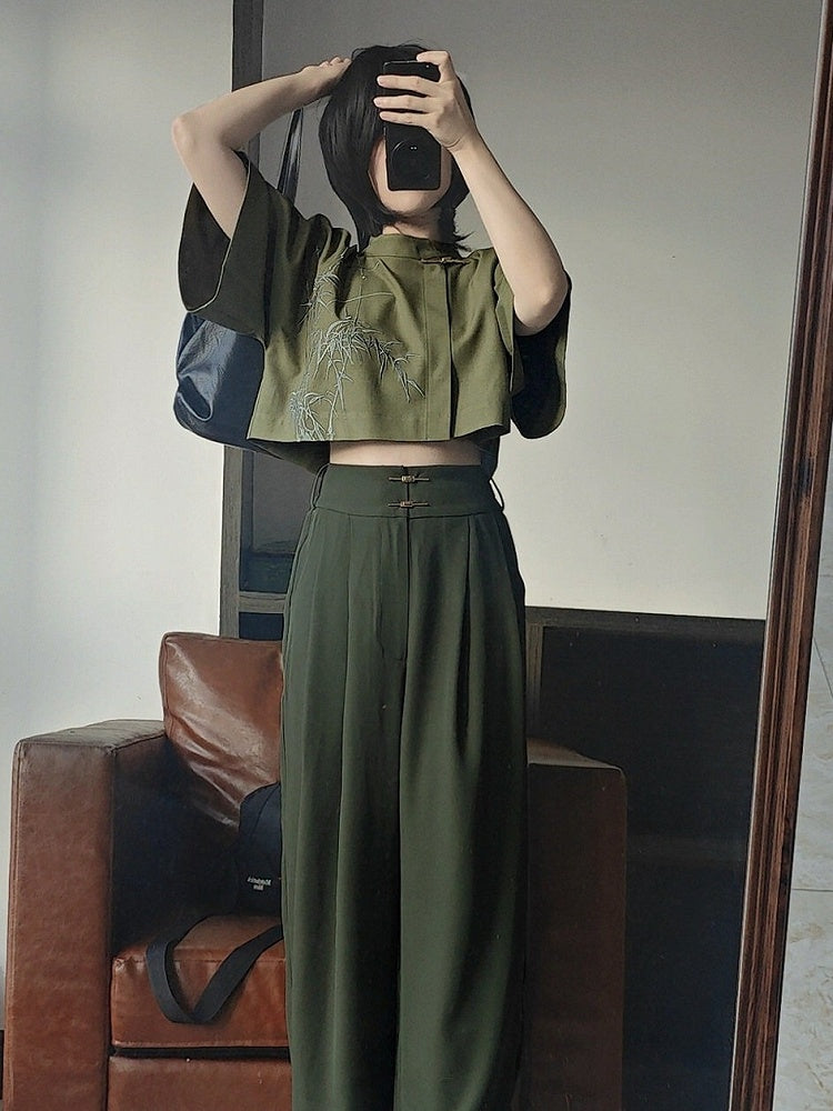 Green Bamboo Embroidered Short Sleeve Top - Feng Hua Gui Guo Ling