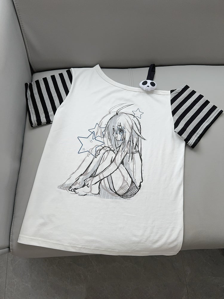 Decor White Y2K Cartoon with T-shirt Print Girl Skeleton Sleeve Striped