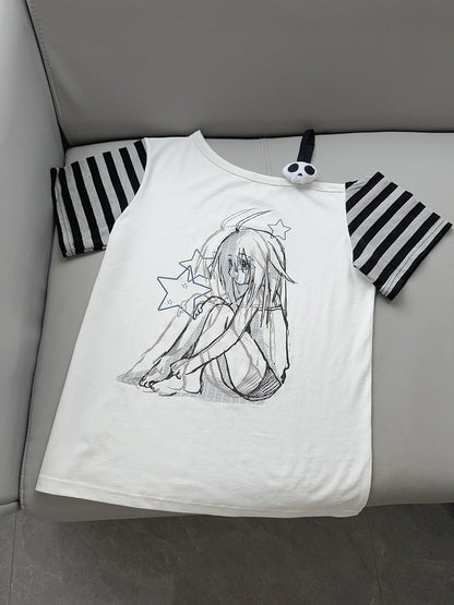 Decor White Y2K Cartoon with T-shirt Print Girl Skeleton Sleeve Striped