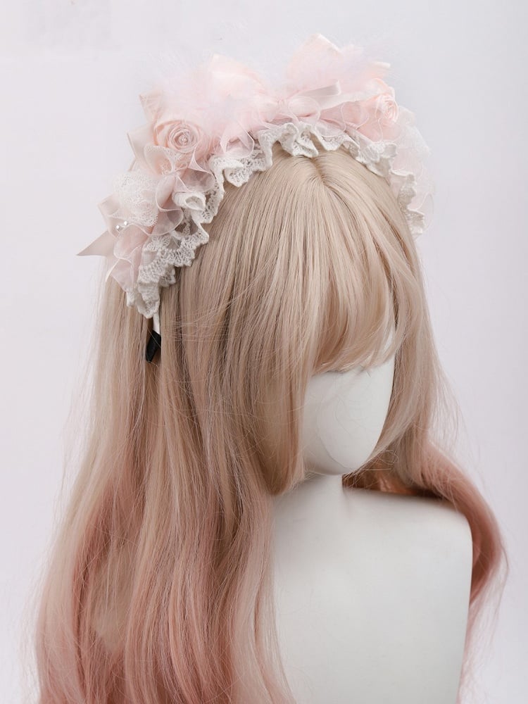 White Lace with Lolita Accents Feather Rose Sweet Pink and KC
