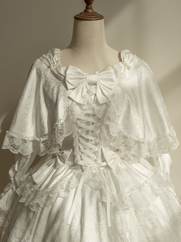 Weißes Cape-Design Shiro-Kleid Rosettenstoff Hanayome Lolita Einteiler