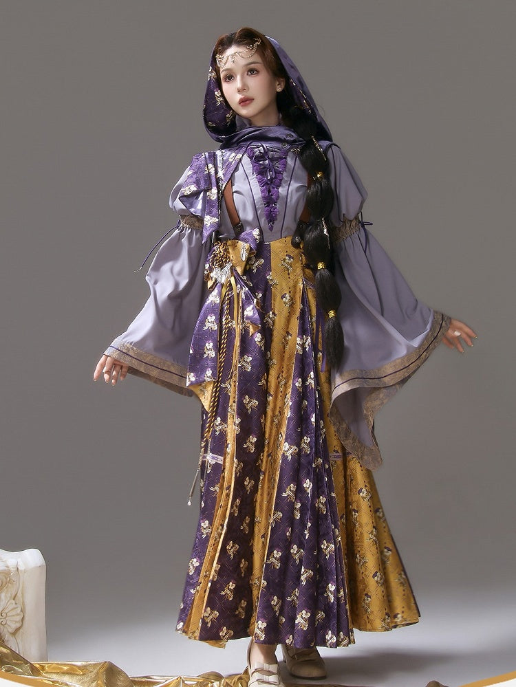 Yellow & Purple Floral Print Lace-up Straps Lolita SK Dress - Neoludwig