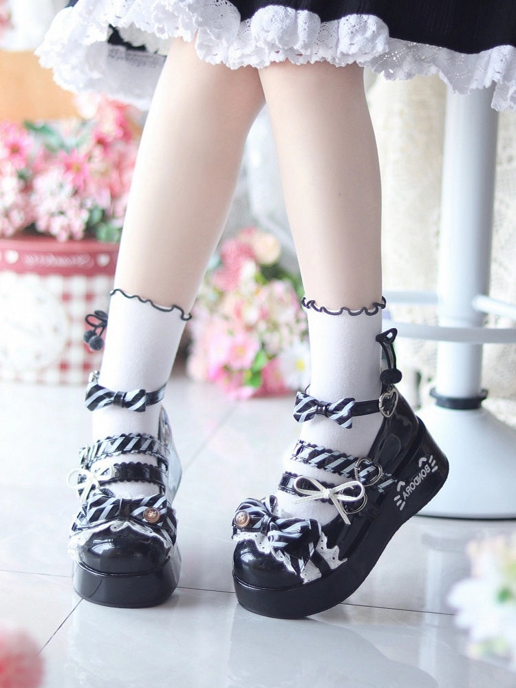 Platform Janes Sweet Decor Lolita Top Kitten Heart Print Buckle at Button  Bow Stripe Black - with Mary