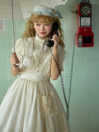 Accent and Pocket Overall Beige Dress Sailor Trim Lace Lolita with