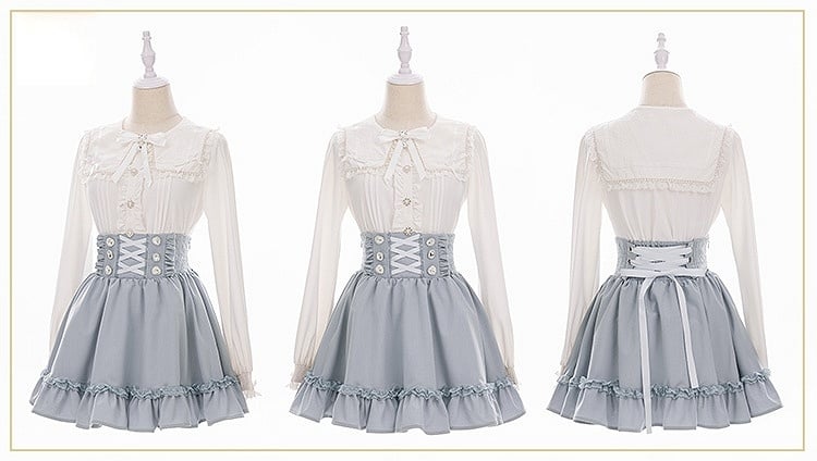 Long Lace Blouse: White with Detailed Jirai Beadwork Square Sleeves Kei Collar