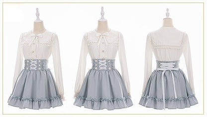 Long Lace Blouse: White with Detailed Jirai Beadwork Square Sleeves Kei Collar