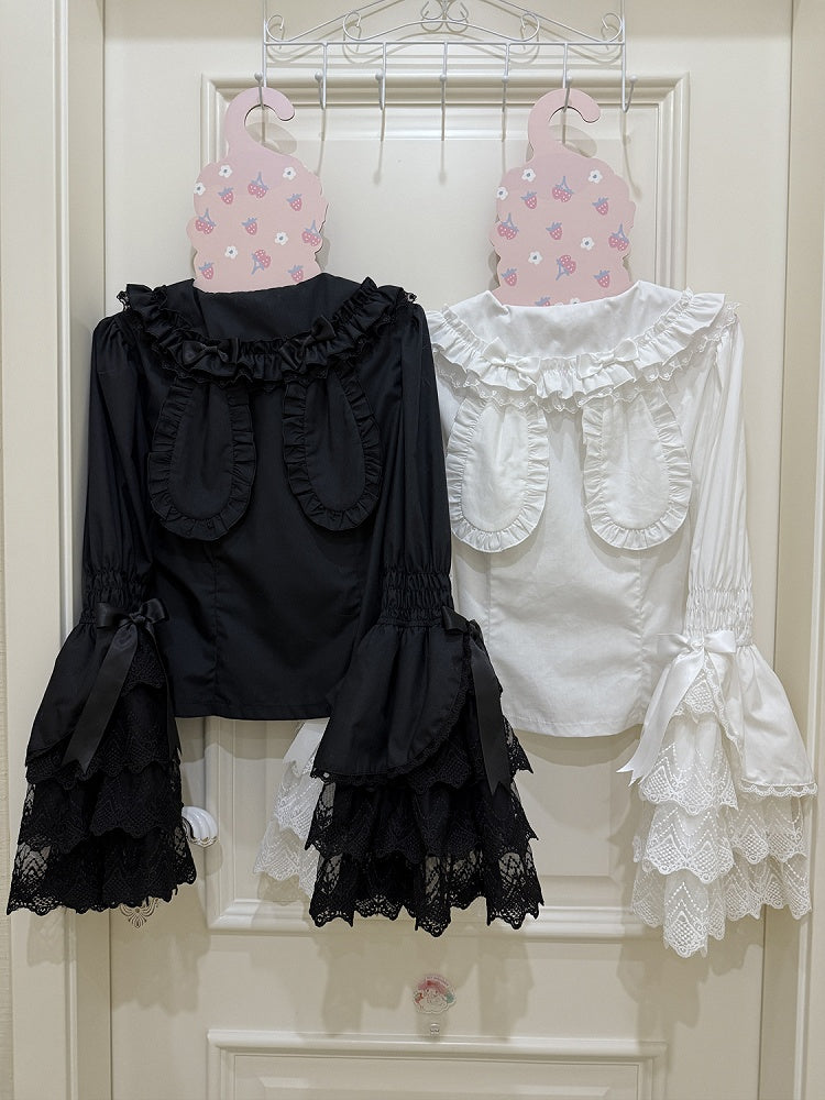 Long Shirt / Ears Sleeves Pink Black White Collar Bunny