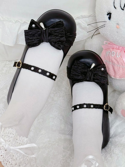Black Shoes Heart Top Decorated Toe Bow at Round Matte Buckle Lolita Beaded