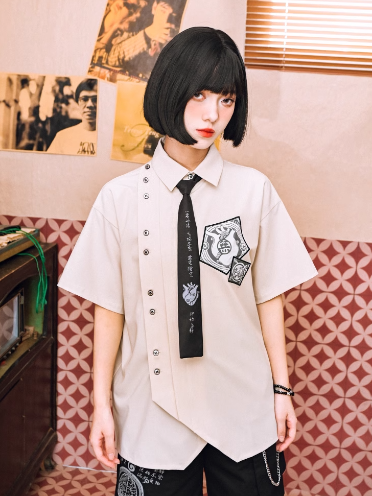 シャツ ホワイト アシンメトリー ボタン 半袖 プレッピー プラケット
