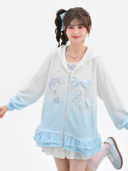 Gradient Blue & White Jellyfish and Dolphin Print Ruffled Trim Zip Closure Hoodie