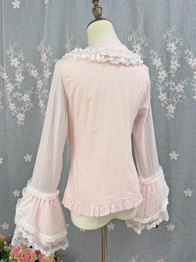 Sleeves Blouse Pink Lolita Bell Jacquard Cotton Long