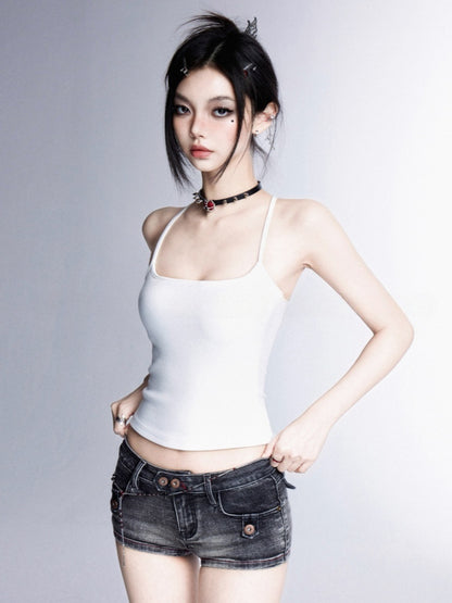 キャミトップ カップ バックレス グラマラス ブラック/ホワイト スクープネックライン パッド入り