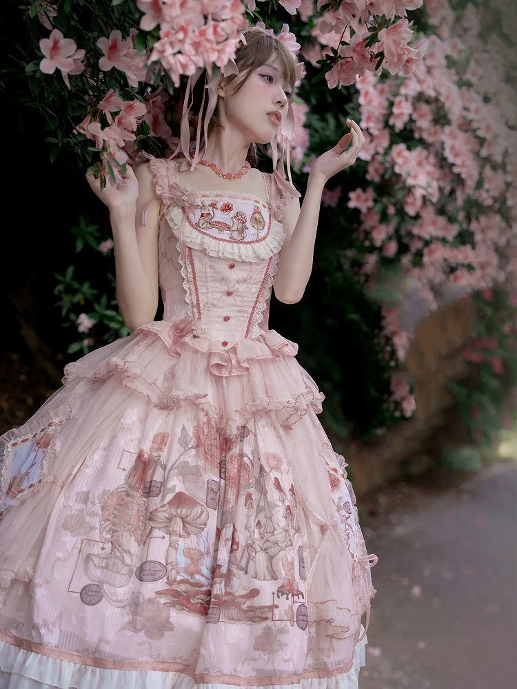 ピンクのバニーバスクウエストマッシュルームスカートプリンセスとジャンパーロリータプリント