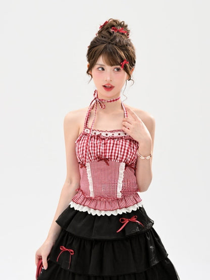 夏用レーストリム、レッドホワイトチェック柄ホルターネックトップ、ホリデー