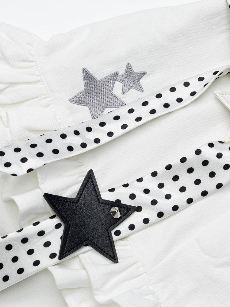 White Ruffled Shorts with Star & Puppy Embroidery - Languid Park