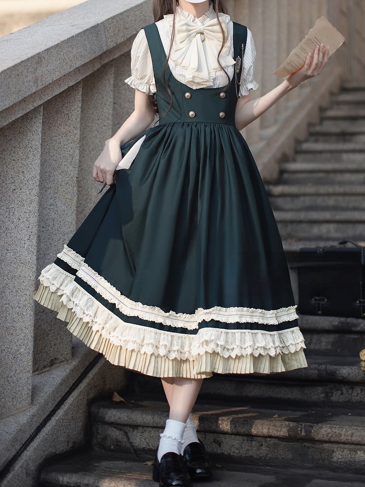 Grünes Overallkleid im High Waist Style Dark Preppy mit beigem Spitzenbesatz