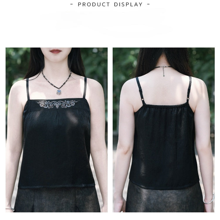 Chinese Gothic Black Cami Top with Deer Embroidery - Quirky Hut