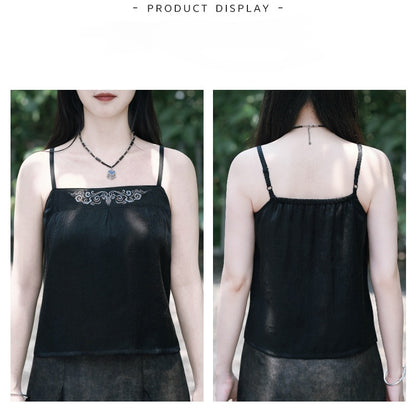 Chinese Gothic Black Cami Top with Deer Embroidery - Quirky Hut