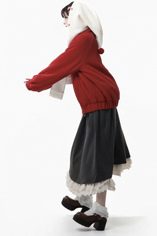 Red - Knit Patch Jacket Banded Brooch Apple Collar