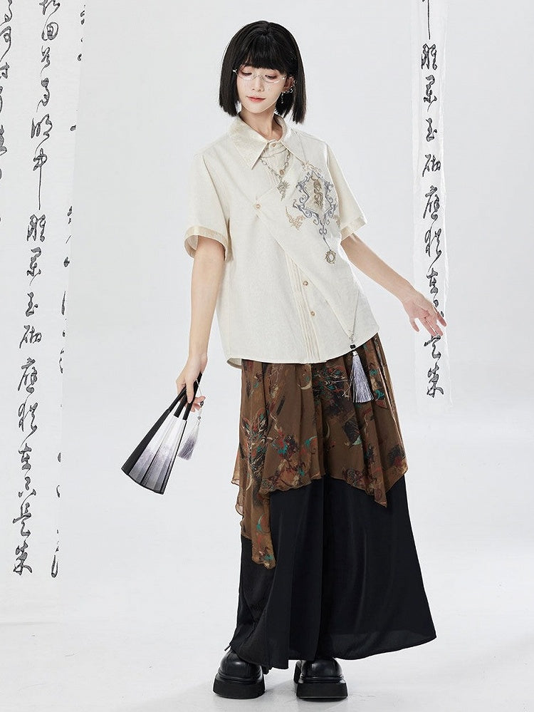 White Gold Thread Dragon Shirt - Qing Tang Original