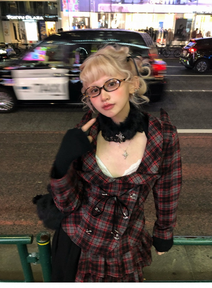 Choker with Trim and Lace Black Cross Plush Charm