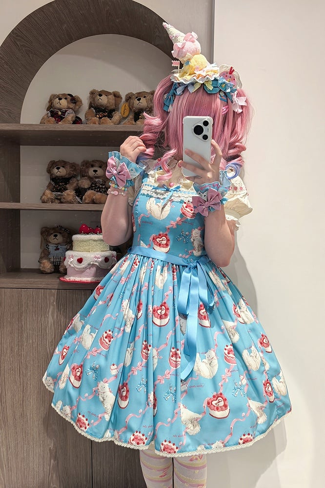 Kleid Print Rock süße Lolita Jumper Showa flauschige Kätzchen blau süß
