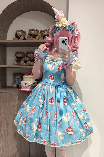 Kleid Print Rock süße Lolita Jumper Showa flauschige Kätzchen blau süß