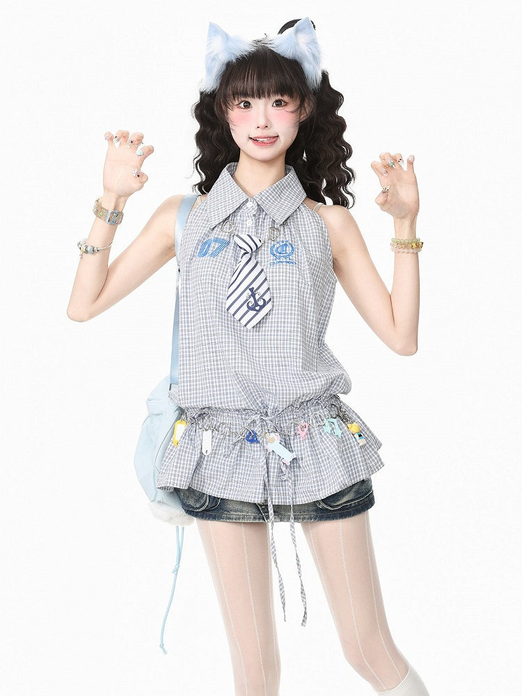 Gray Plaid Peplum Sleeveless Blouse with Flared Hem - Languid Park