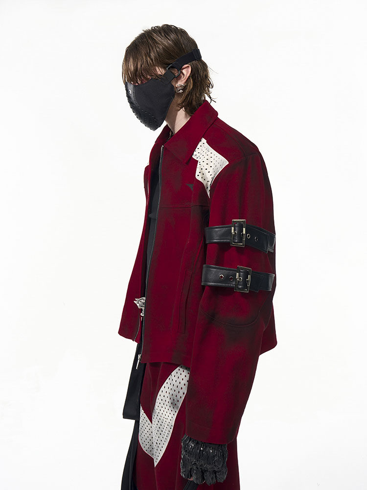 with Buckle Strap Jacket Design Distressed Unisex Short Red