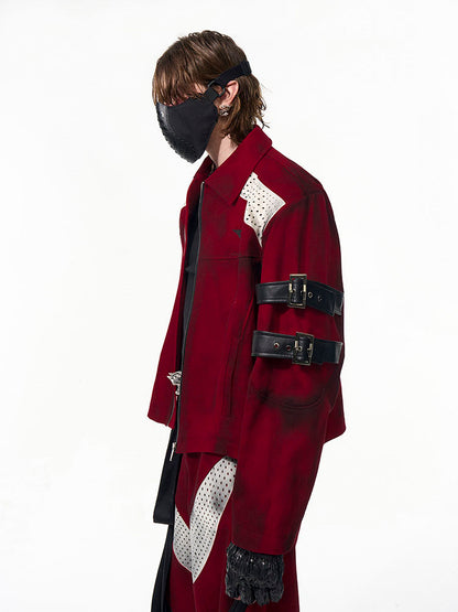with Buckle Strap Jacket Design Distressed Unisex Short Red