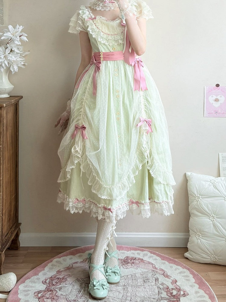 Bow Elegant Lolita Light Green Details Lace with Long and Classic Dress Version