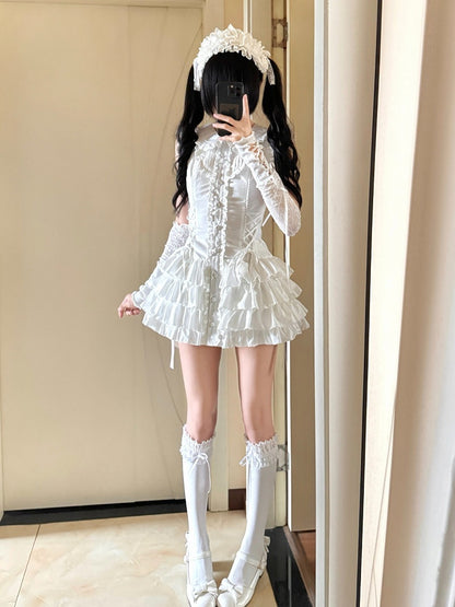 Sweet Kawaii White Peter Pan Collar Flutter Sleeves Tiered Dress - Jasmine White Original Design