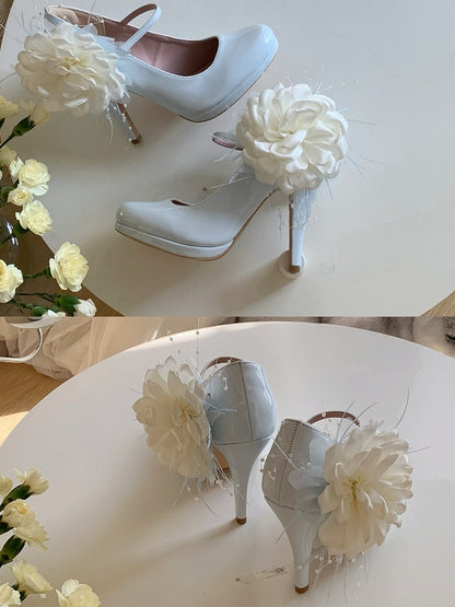 PU Lolita with Elegant Heels Embellishments in Detachable Leather Jane Style Floral Blue Mary