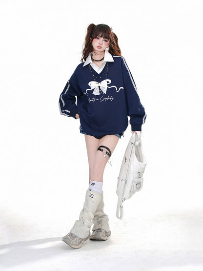 Marineblaues zweiteiliges Sweatshirt mit Polokragen und abnehmbarer Schleife