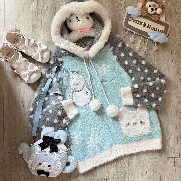 Daily Kawaii Drawstrings with Jacket Pattern Dot Pom-pom Sl;eeves Polka Hoodie Blue Plush