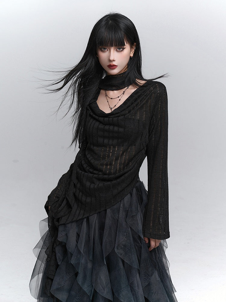 Slit with Top Knit Asymmetrical Neck Black Gothic Side Cowl