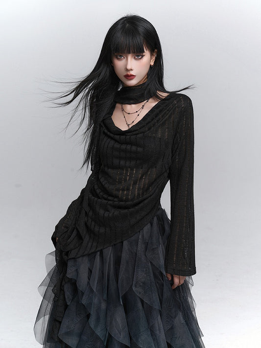 Slit with Top Knit Asymmetrical Neck Black Gothic Side Cowl
