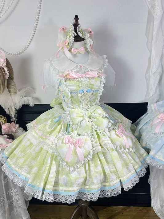 Decoration Skirt Green Bow and Lolita Rosette Fabric Jumper Heart Padded