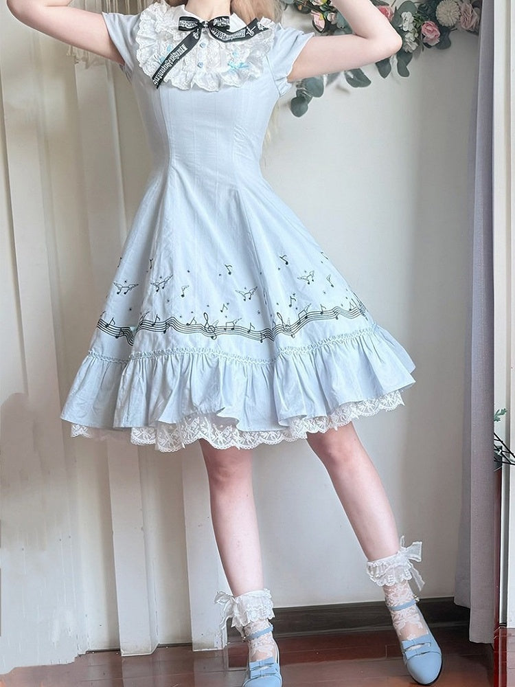 Light Blue Embroidered Music Note Lolita Gown with Panel Skirt and Puff Sleeves - Surface Spell