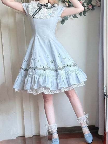 Light Blue Embroidered Music Note Lolita Gown with Panel Skirt and Puff Sleeves - Surface Spell