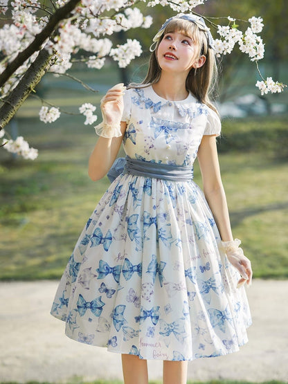 Sweet Bowknots Print Blue High Waist Retao Lolita Dress